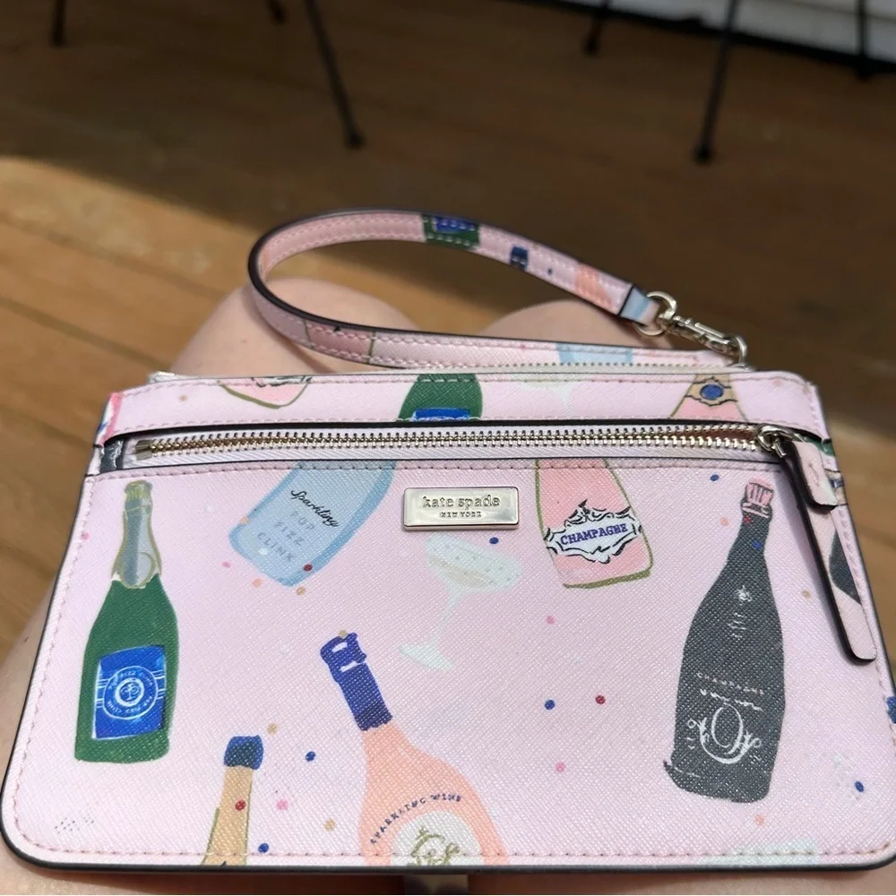 Kate Spade Pink Clutch with Whimsical Champagne Print Wristlet Bag